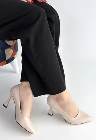 Erbilden Ulba Bej Cilt Stiletto Ayakkabı 8 cm Topuklu Tam Kalıp