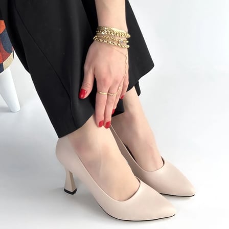 Erbilden Ulba Bej Cilt Stiletto Ayakkabı 8 cm Topuklu Tam Kalıp