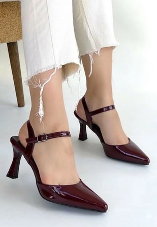 Erbilden Suden Bordo Rugan Topuklu Ayakkabı Tokalı 7.5 cm Topuk