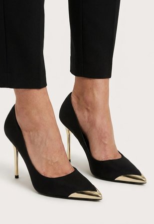 Alis Siyah Saten Stiletto Ayakkabı Gold Topuklu