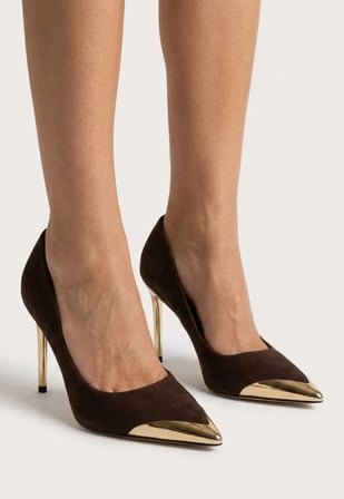 Alis Kahverengi Saten Stiletto Ayakkabı Gold Topuklu 10 cm