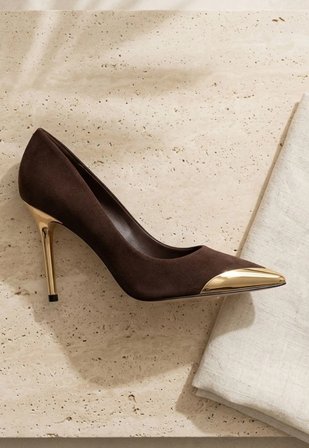 Alis Kahverengi Saten Stiletto Ayakkabı Gold Topuklu 10 cm