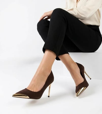Alis Kahverengi Saten Stiletto Ayakkabı Gold Topuklu 10 cm