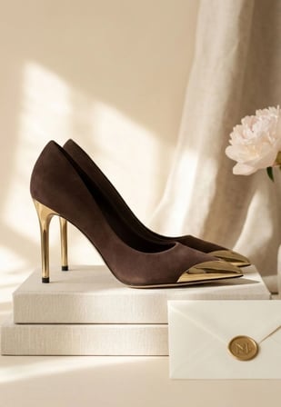 Alis Kahverengi Saten Stiletto Ayakkabı Gold Topuklu 10 cm
