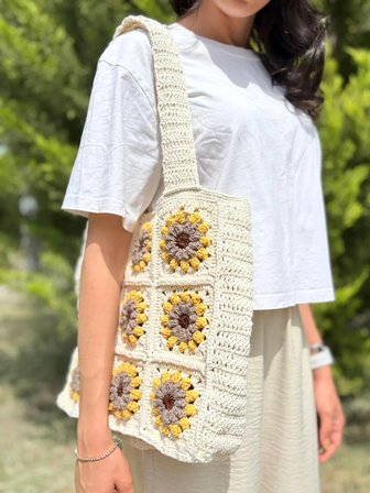 Berni Collection Sunrise El Yapımı Koton İplikli Maxi Tote Omuz Çantası Krem