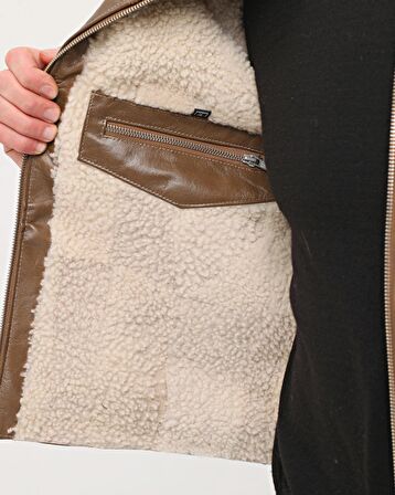 HAKİKİ DERİ BİSİKLET YAKA İÇİ KÜRKLÜ YELEK KAHVE RENK