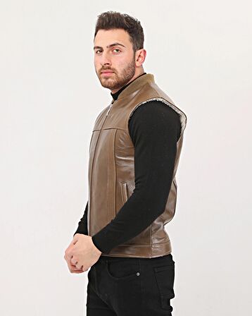 HAKİKİ DERİ BİSİKLET YAKA İÇİ KÜRKLÜ YELEK KAHVE RENK