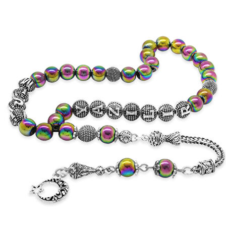 Kararmaz Metal Püsküllü Küre Kesim İsim Yazılı  Multicolor Hematit Doğaltaş Tesbih