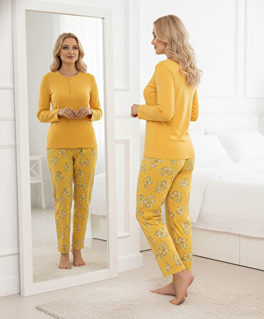 Kadın Sarı Çiçek Desen Mevsimlik Pamuklu Penye Uzun Kol Cepli Pijama Takımı-Slim Fit Dar Kalıp