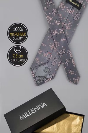 Çiçekli Gri Pembe Kravat & Mendil