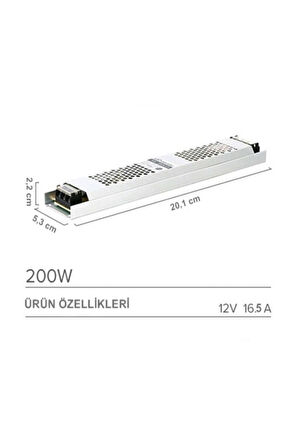 16,5 Amper 12v 200 watt Led Trafo Adaptör Ultra Slim Sessiz Şerit Led Trafosu Metal Kasa