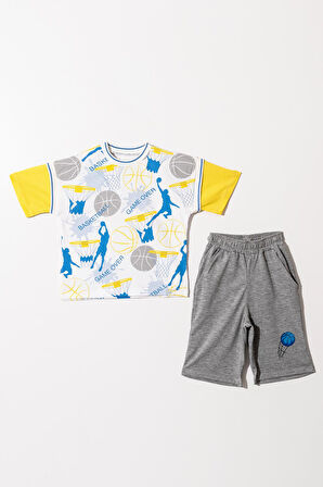 Erkek Çocuk Sarı Kollu Basic Baketboll Desenli Tişörtlü Şortlu Takım