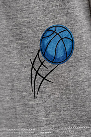 Erkek Çocuk Sarı Kollu Basic Baketboll Desenli Tişörtlü Şortlu Takım