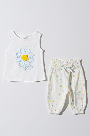 Kız Bebek Çocuk Beyaz Papatya Desenli Pantalonlu Takım