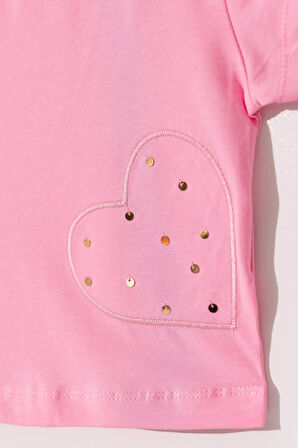 Kız Çocuk Pembe Kalp Desenli  Tütü Etekli Takım