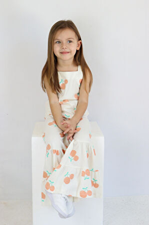 Kız Çocuk Ekru Kiraz Desenli İspanyol Paça Pantalonlu Takım