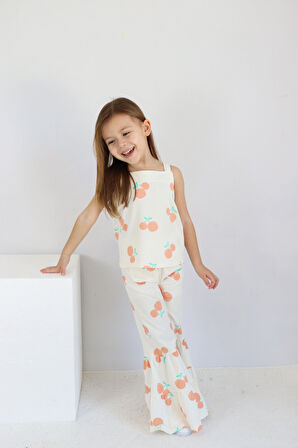 Kız Çocuk Ekru Kiraz Desenli İspanyol Paça Pantalonlu Takım