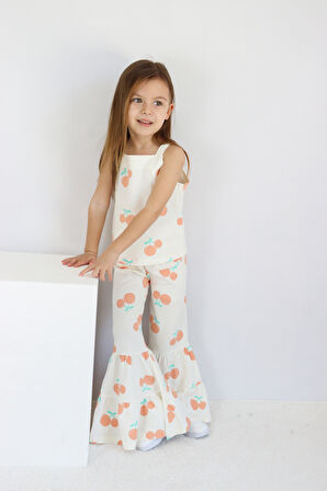 Kız Çocuk Ekru Kiraz Desenli İspanyol Paça Pantalonlu Takım