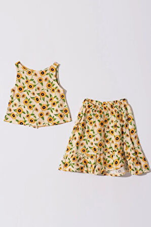 Kız Çocuk Ayçiçekli Desenli Etekli Vizkon Takım