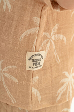 2'li Erkek Çocuk Kahve Rengi Desenli Keten Şortlu Takım