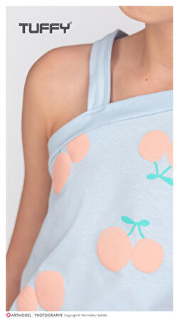 2'li Kız Çocuk Mavi Kiraz Desenli Şortlu Takım