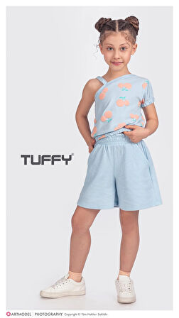 2'li Kız Çocuk Mavi Kiraz Desenli Şortlu Takım