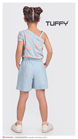 2'li Kız Çocuk Mavi Kiraz Desenli Şortlu Takım