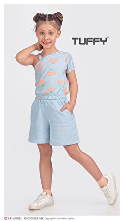 2'li Kız Çocuk Mavi Kiraz Desenli Şortlu Takım
