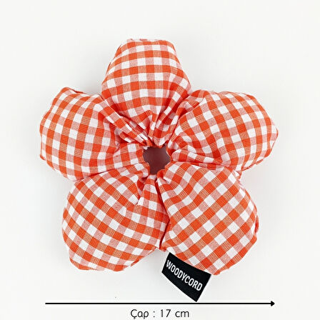 WoodyCord El Yapımı Turuncu Beyaz Pötikareli Pofuduk Scrunchie Toka - Klasik ve Hacimli
