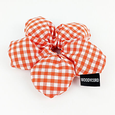 WoodyCord El Yapımı Turuncu Beyaz Pötikareli Pofuduk Scrunchie Toka - Klasik ve Hacimli