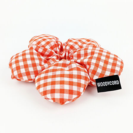 WoodyCord El Yapımı Turuncu Beyaz Pötikareli Pofuduk Scrunchie Toka - Klasik ve Hacimli