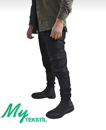 Outdoor Erkek Kargo Pantolon Likralı Slim Fit Siyah Düz Paça