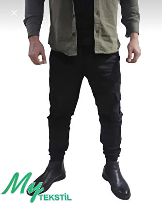 Outdoor Erkek Kargo Pantolon Likralı Slim Fit Siyah Düz Paça