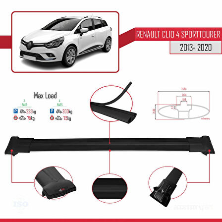 Renault Clio 4 ST 2013-2020 Arası ile Uyumlu FLY Model Ara Atkı Tavan Barı Siyah 3 Adet