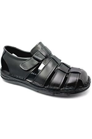 Siyah Erkek Jelli Kapalı Hakiki Deri Sandalet