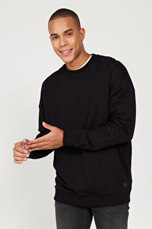 Erkek Siyah Oversize Bol Kesim 3 Iplik Bisiklet Yaka Pamuklu Sweatshirt