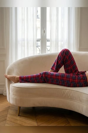 Büyük Beden Tek Alt Pijama Yumuşak Milan Kumaş İpli Bel Mavi Kırmızı Kareli Loungewear Pantolon