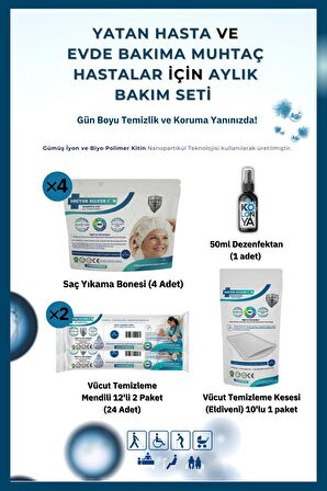 1 Aylık Hasta Bakım Seti Gümüş İyonlu – (Vücut Kesesi, 2x Mendil, 4x Saç Bonesi, 50 ml Dezenfektan)