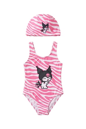 Kız Çocuk Pembe Beyaz Zebra Desenli Mayo Takımı