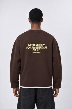Erkek Cake Baskılı Pis Dikiş Detaylı Oversize Sweatshirt Kahve
