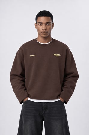Erkek Cake Baskılı Pis Dikiş Detaylı Oversize Sweatshirt Kahve