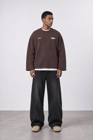 Erkek Cake Baskılı Pis Dikiş Detaylı Oversize Sweatshirt Kahve