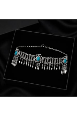 ALLONA Turquoise Nomad Bohem Baş Aksesuarı – Turkuaz Taş Detaylı Gümüş Saç Zinciri & Premium Kutu - Renk: Gümüş