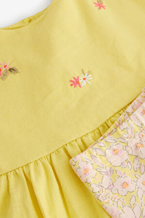 Next Baby Pamuklu Sarı Çiçek Desenli Kısa Kollu Taytlı Alt Üst Takım