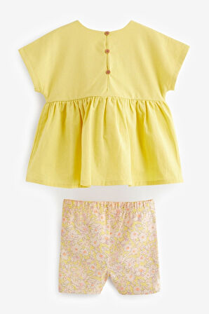 Next Baby Pamuklu Sarı Çiçek Desenli Kısa Kollu Taytlı Alt Üst Takım