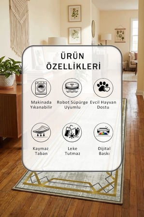 Reverans Yeşil Yıkanabilir Kaymaz Taban Dijital Baskılı Yolluk Halı
