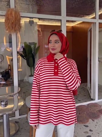 Kadın Polo Yaka Çizgili Uzun Kollu Yan Yırtmaçlı Rahat Kesim Tunik Kırmızı