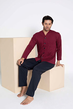 Erkek V Yaka Öden Düğmeli Göğüs Cepli %100 Pamuk Uzun Kol Cepli Pijama Takımı-Dede Hastane Pijaması