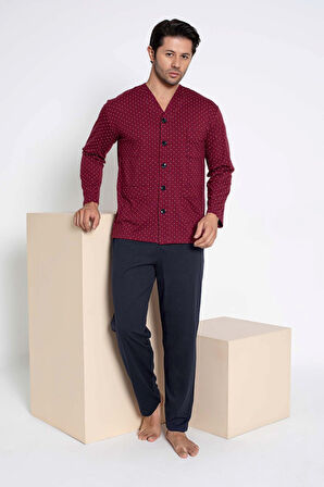 Erkek V Yaka Öden Düğmeli Göğüs Cepli %100 Pamuk Uzun Kol Cepli Pijama Takımı-Dede Hastane Pijaması