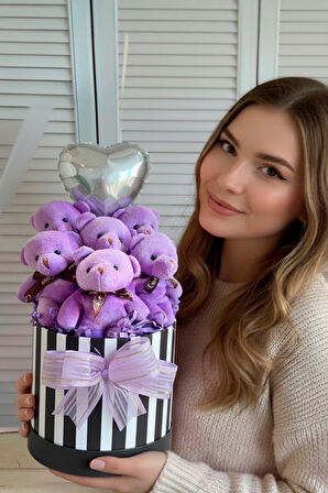 Premium Silindir Hediye Kutusunda, Kalpli Balonlu 6’lı Mor Ayıcık Buketi